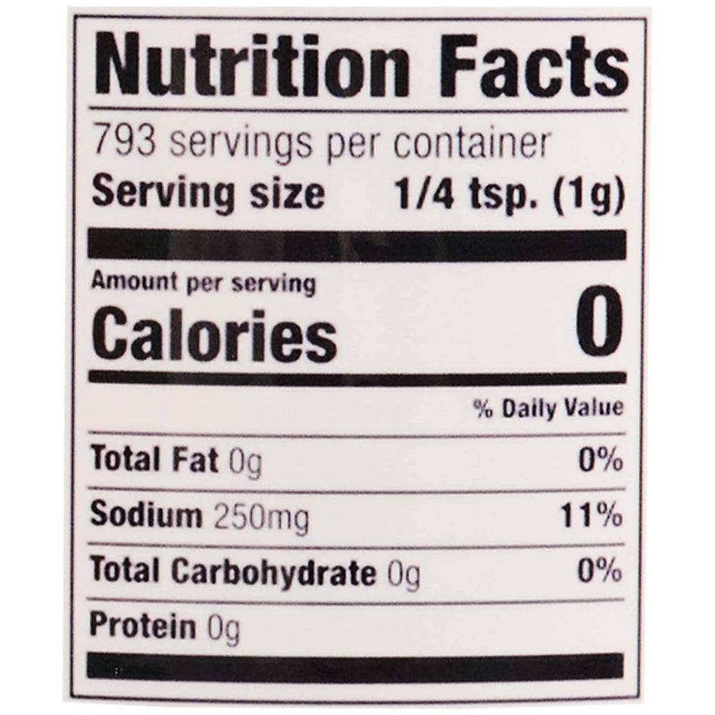 Nutrition Facts panel showing 793 servings per container and sodium 250 mg