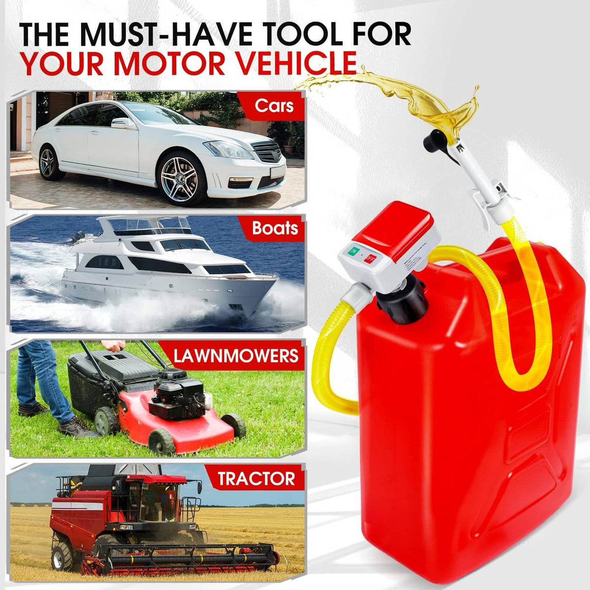 Red fuel transfer pump with yellow hose for cars, boats, and lawn equipment