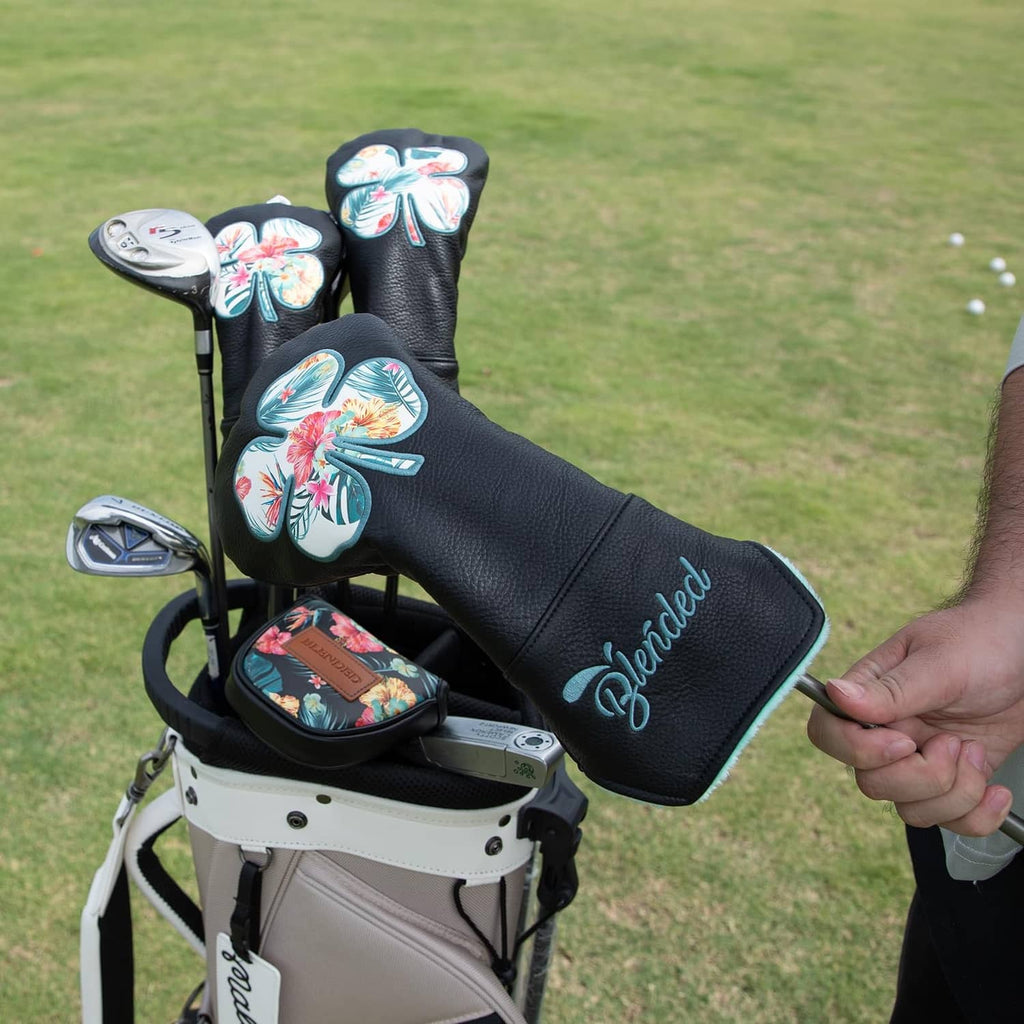 Black driver golf club head cover with four-leaf clover floral embroidery and Blended logo