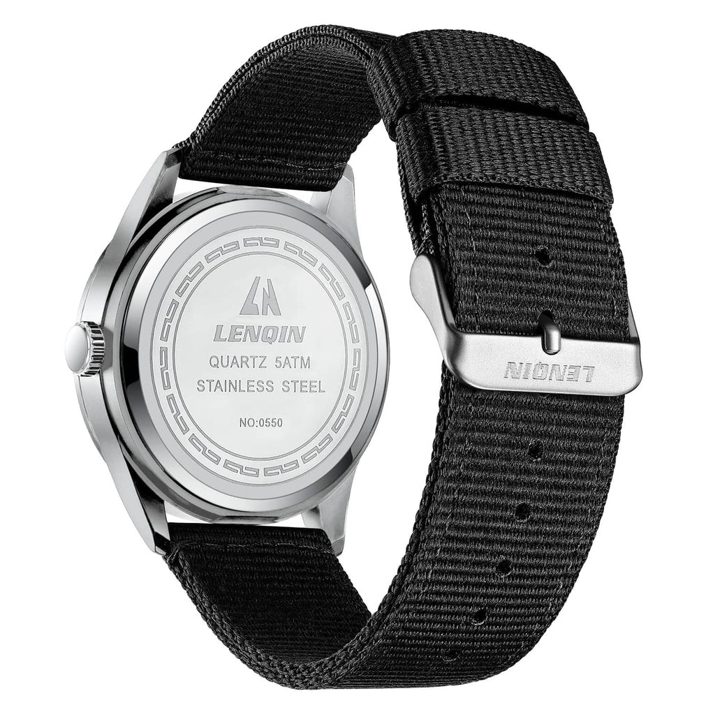Silver-tone watch caseback with text and black nylon strap