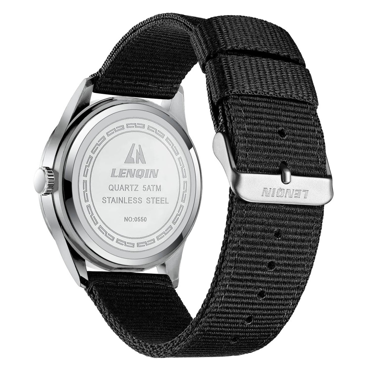 Silver-tone watch caseback with text and black nylon strap