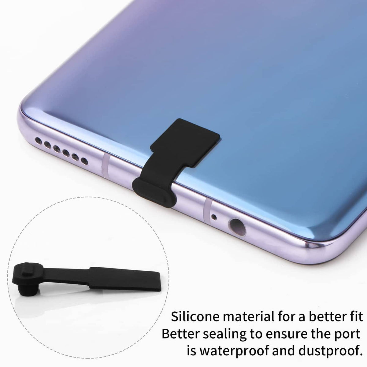 Silicone USB-C dust plug cap, black cover on phone port opening