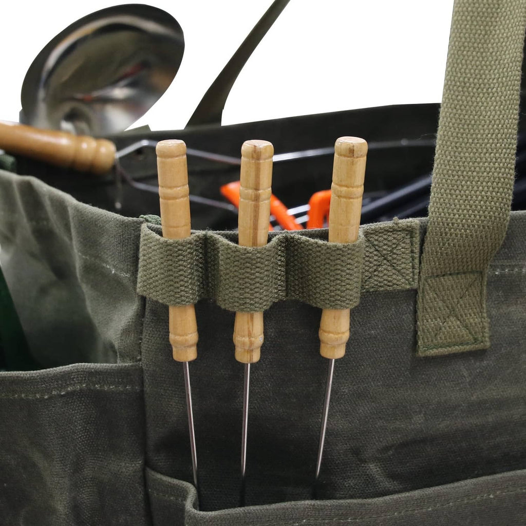 Army green tote front tool holder with elastic loops for wooden-handled tools