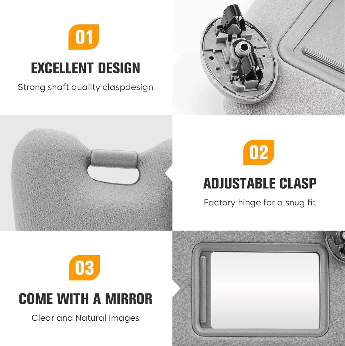 Gray sun visor with adjustable clasp and hinge mount beside mirror opening