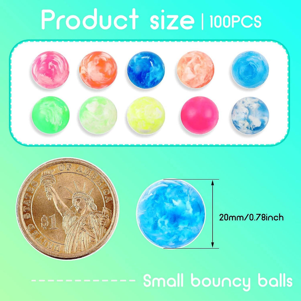 Small bouncy balls assortment in a tray, bright translucent and marbled colors.