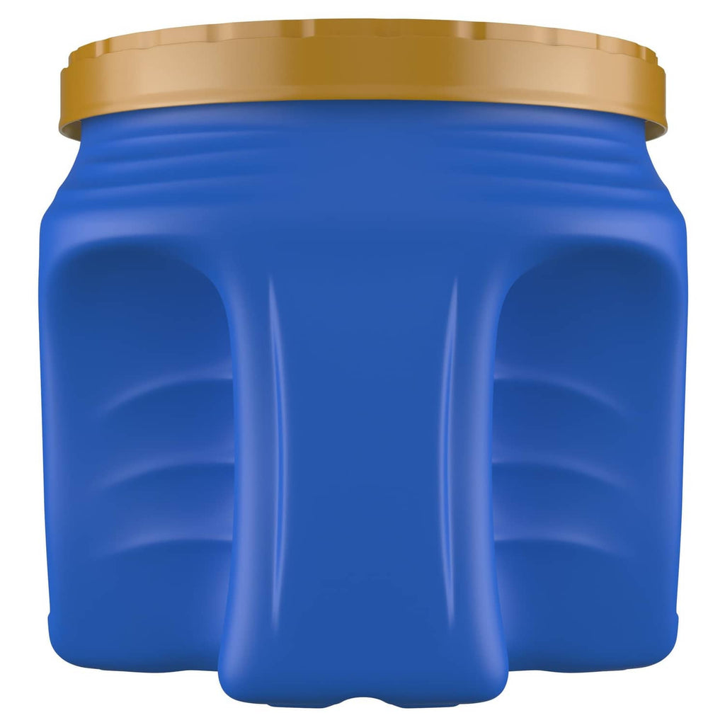 Maxwell House decaf ground coffee jar, blue plastic container with gold lid, side view.