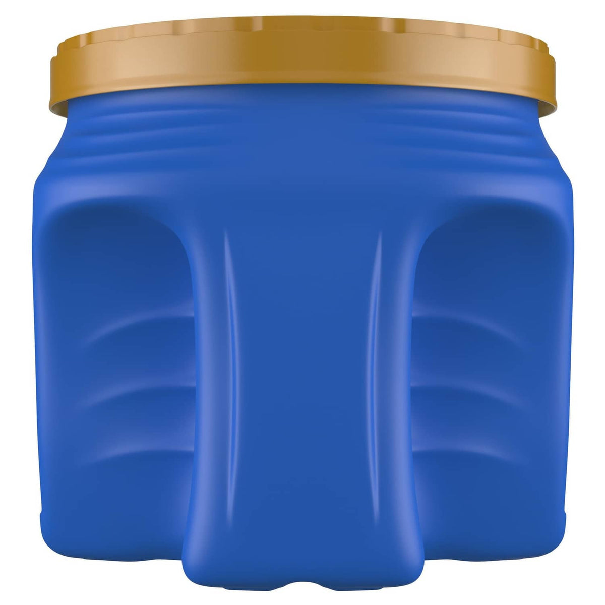 Maxwell House decaf ground coffee jar, blue plastic container with gold lid, side view.