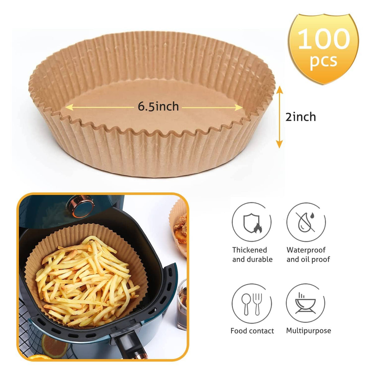 Brown 6.5-inch round air fryer paper liner, shown with size and 100-pack label.
