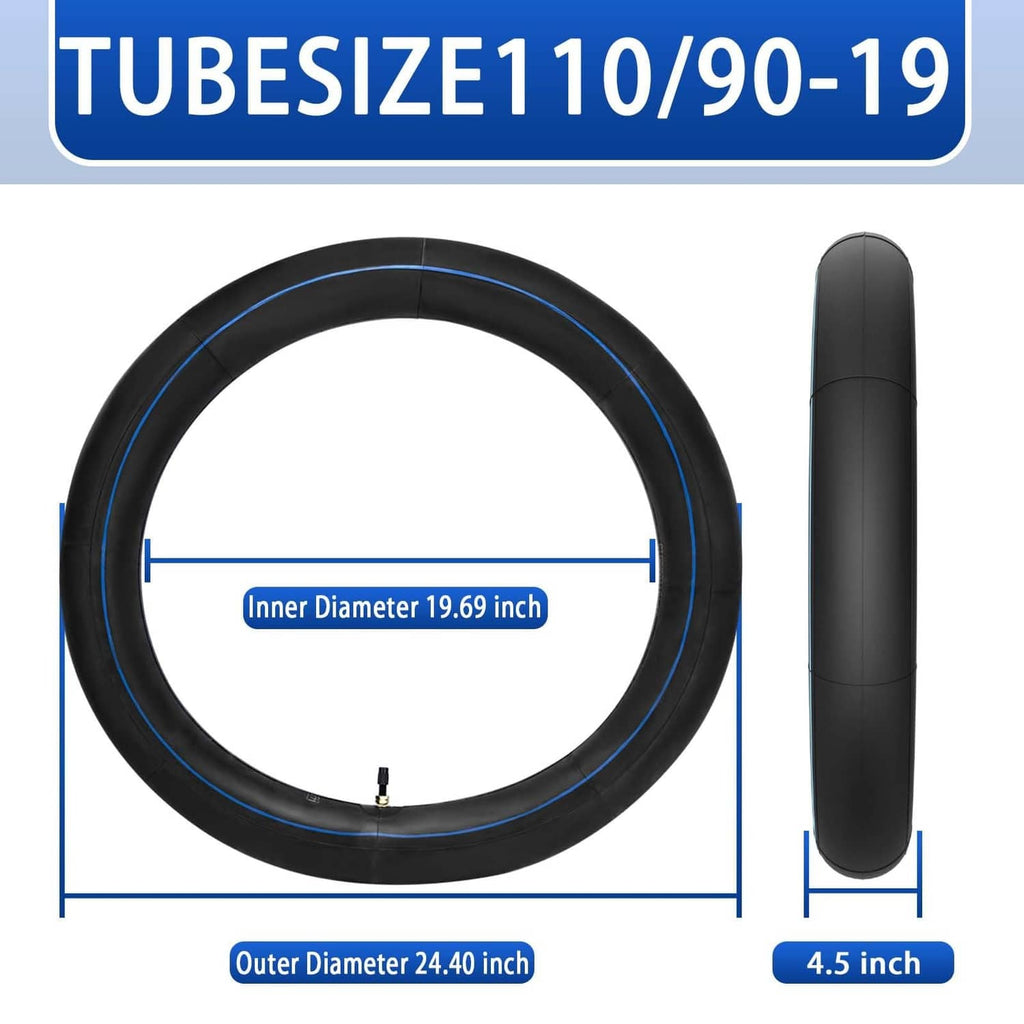 Black 10/90-19 inner tube with blue stripe detail and brass valve stem