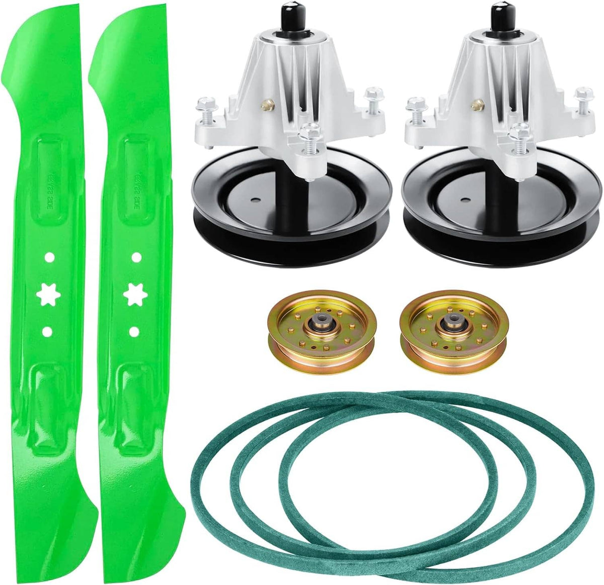 Lawn mower deck rebuild kit: 2 green blades, 2 spindles, 2 pulleys, belts and hardware