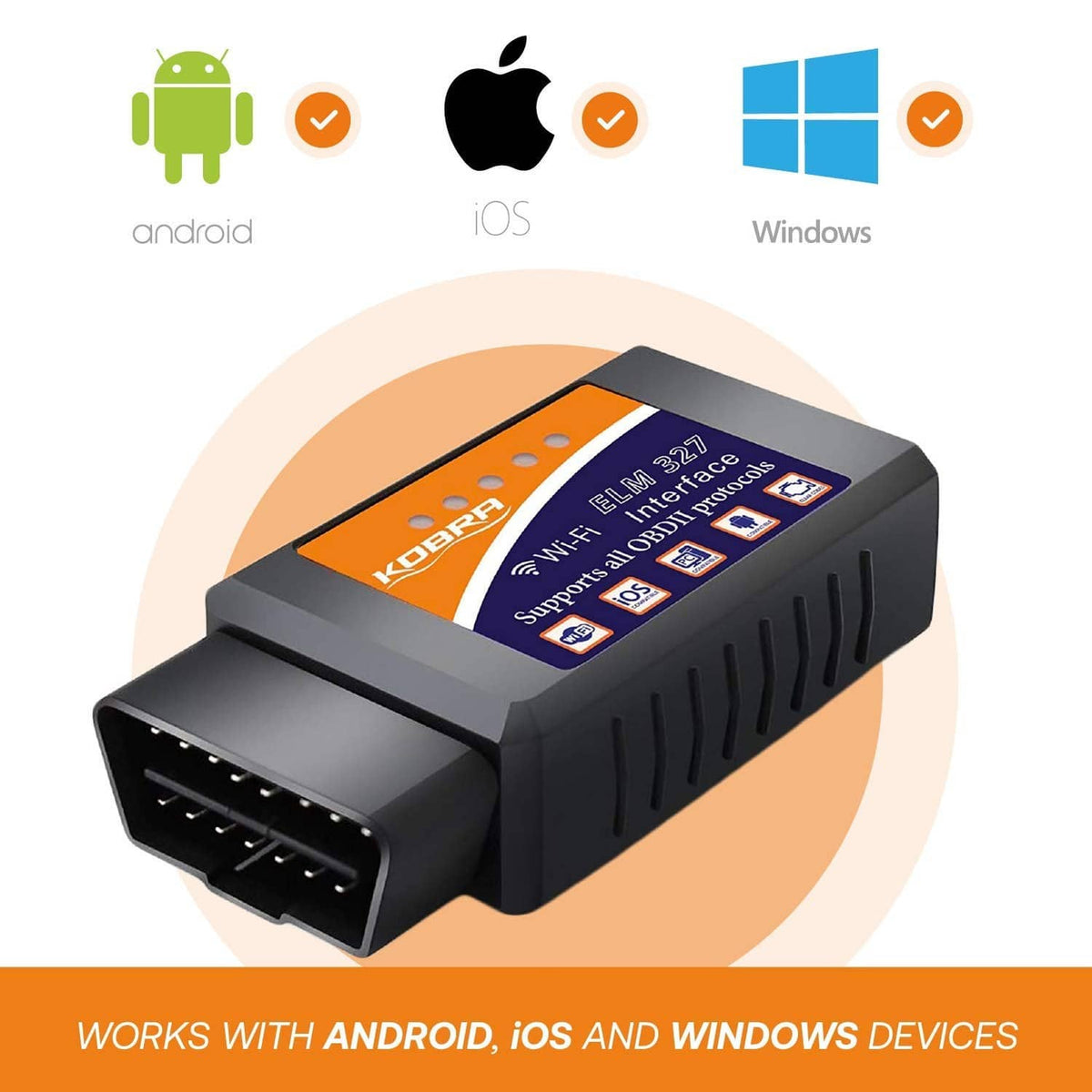 Black OBD2 Wi‑Fi code reader with orange top label and wide OBD connector.