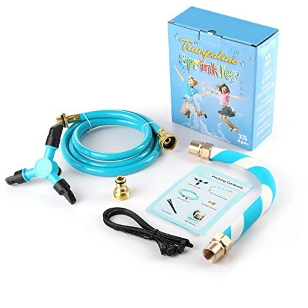 Trampoline sprinkler kit with coiled blue-and-white hose, nozzle, fittings, and box
