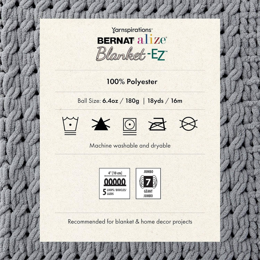 Bernat Alize Blanket-EZ yarn package label on gray textured knit
