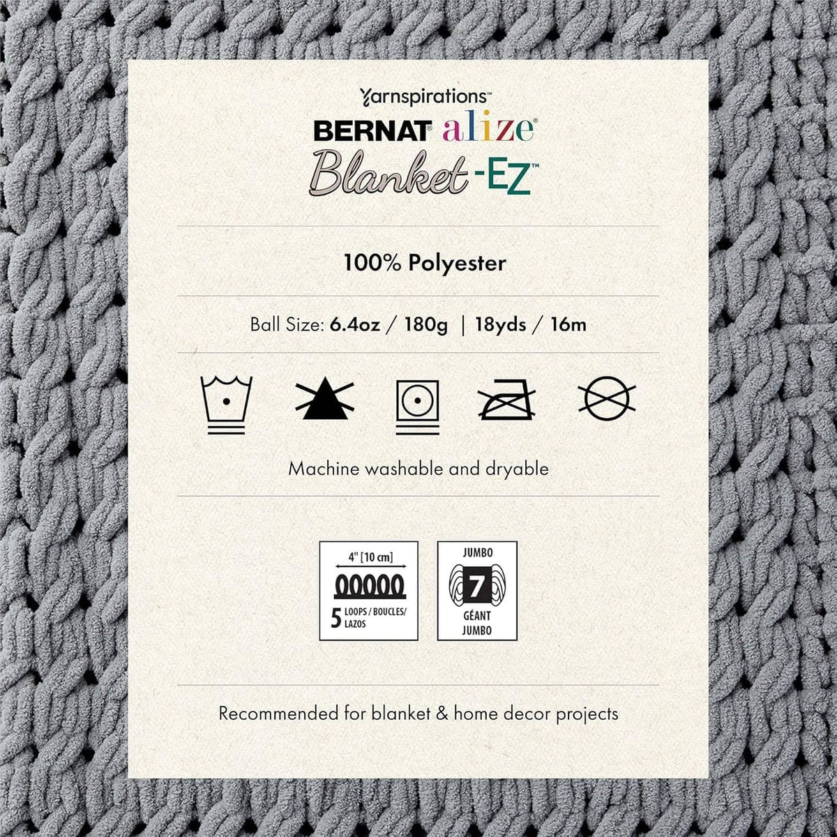 Bernat Alize Blanket-EZ yarn package label on gray textured knit