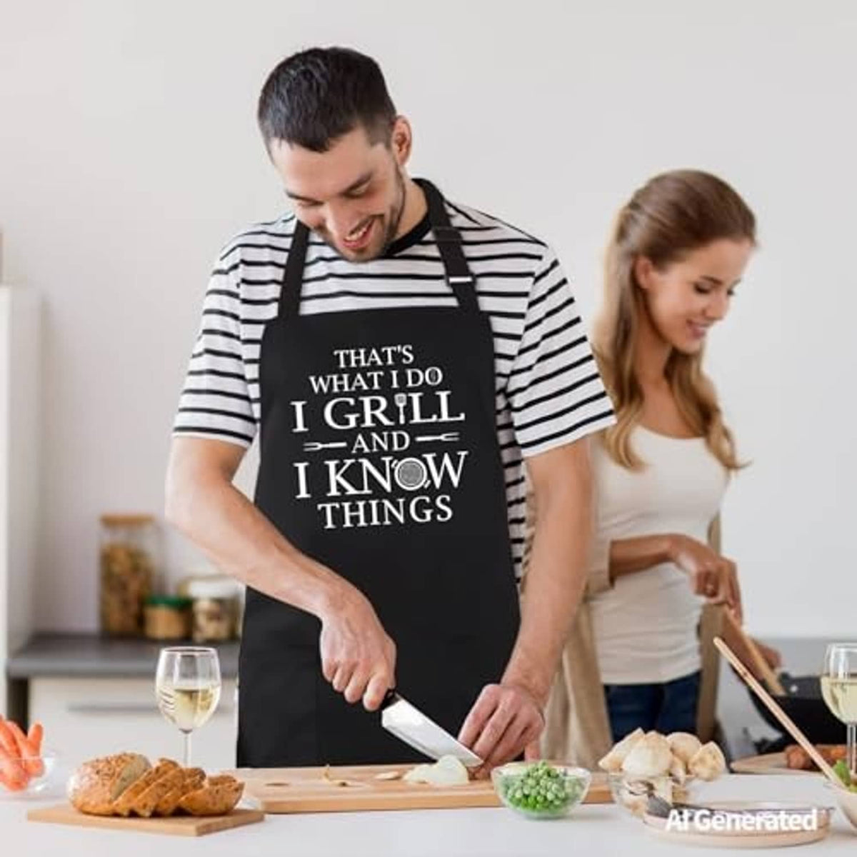 Black grilling apron with front quote, worn while cooking on a kitchen counter