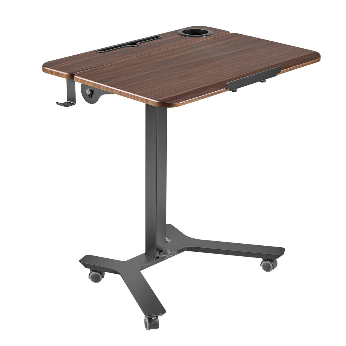 Adjustable height tilting standing desk with wood top, gray frame and caster wheels