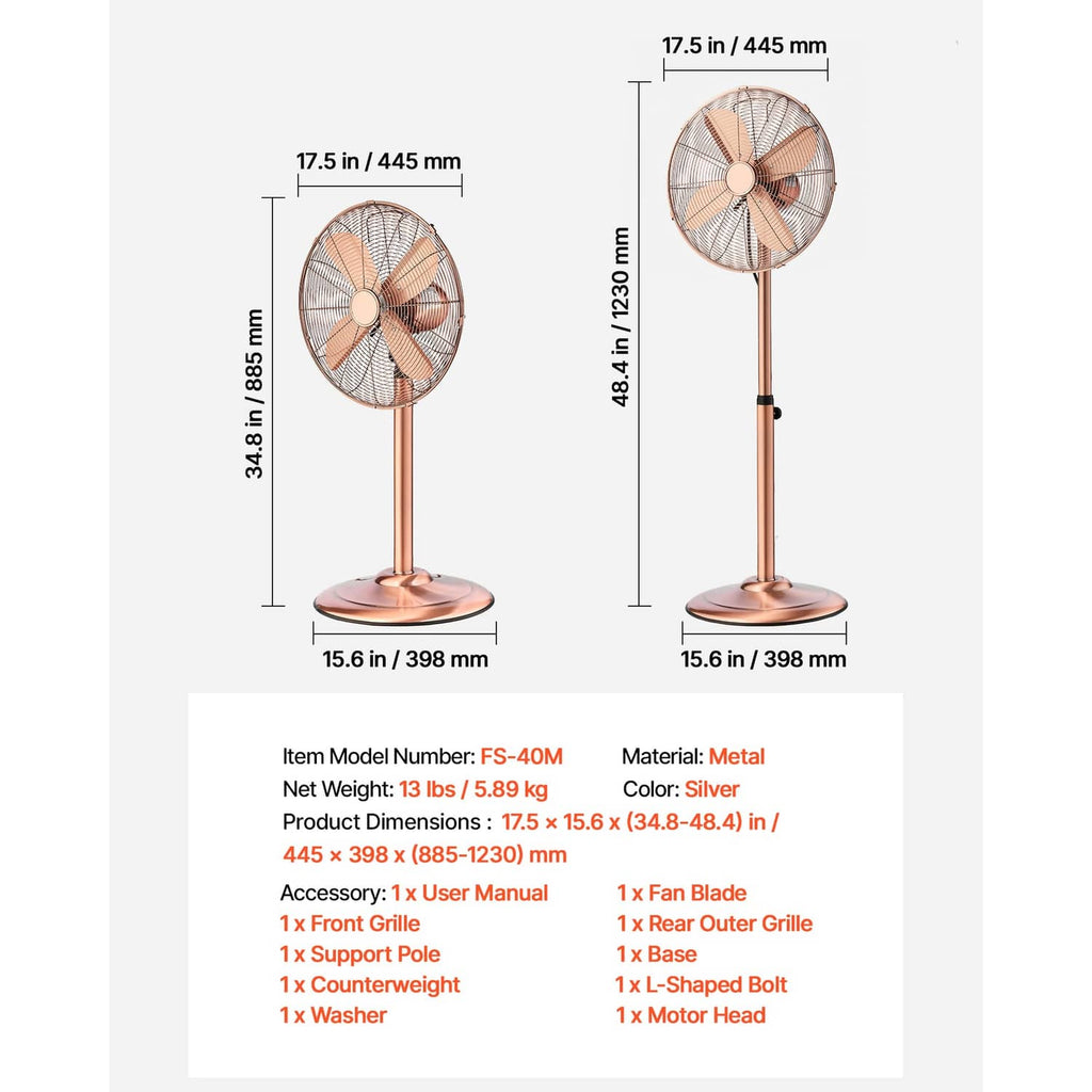 Rose gold pedestal fan with circular grille and base, shown with dimensions