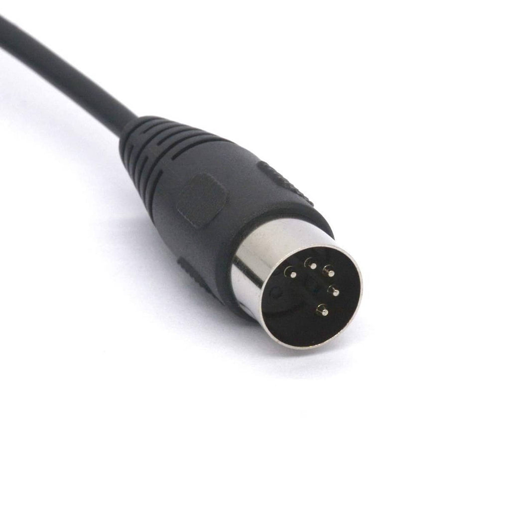 5-pin DIN male connector on a black audio cable