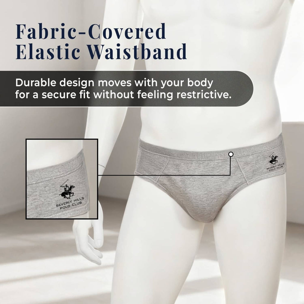 Light gray men's low-rise cotton briefs with fabric-covered elastic waistband