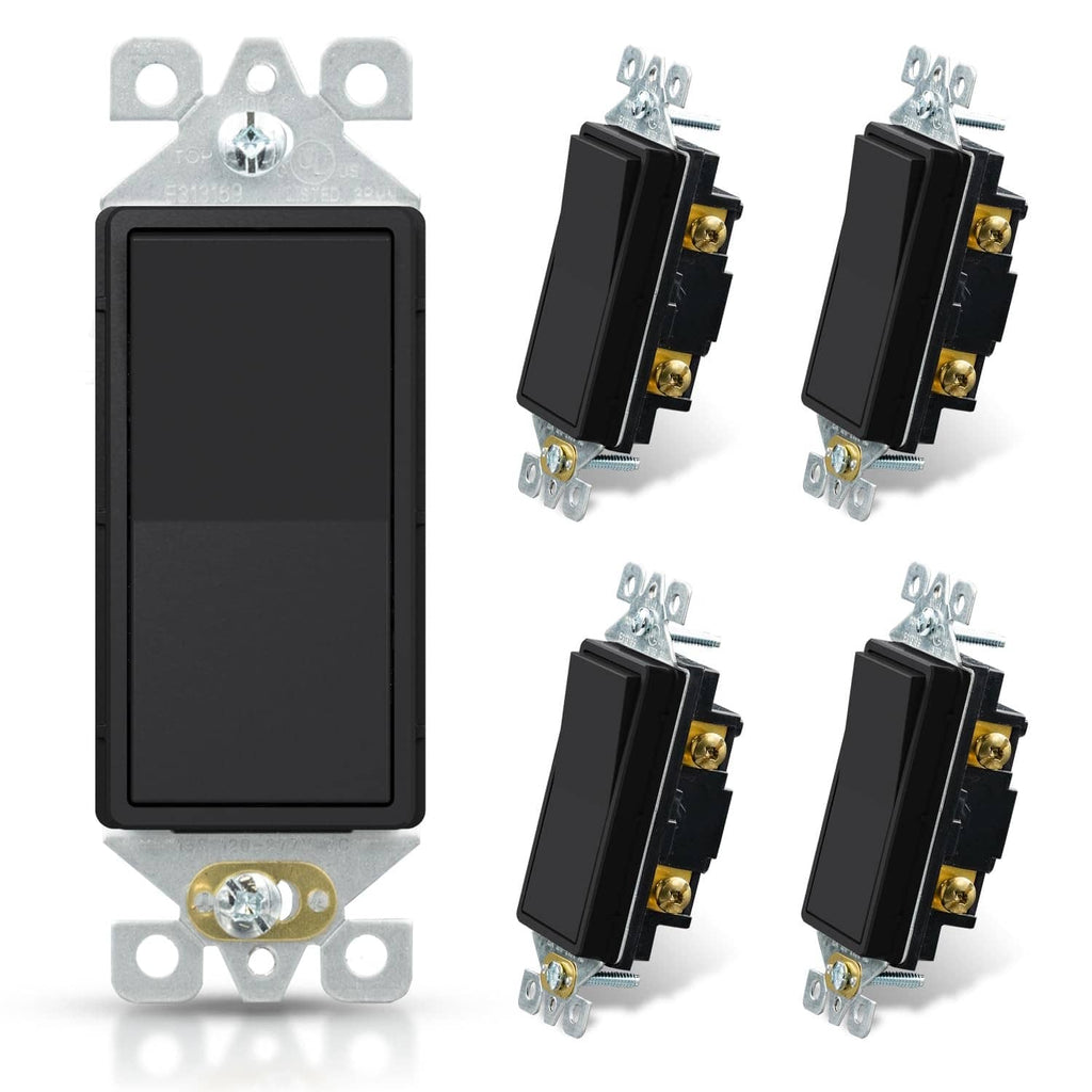 Matte black single-pole switch, mounting brackets and terminals, no wall plate