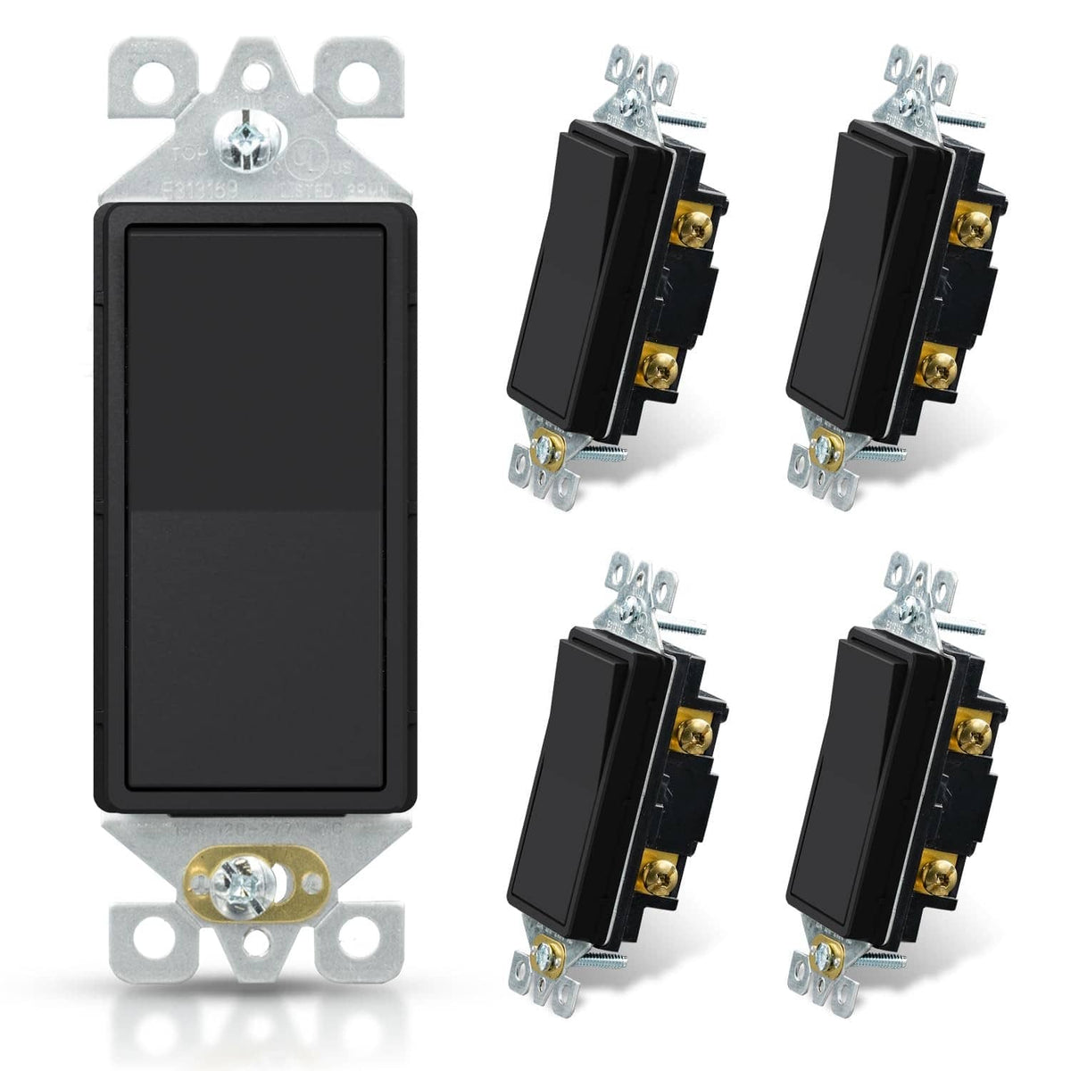 Matte black single-pole switch, mounting brackets and terminals, no wall plate