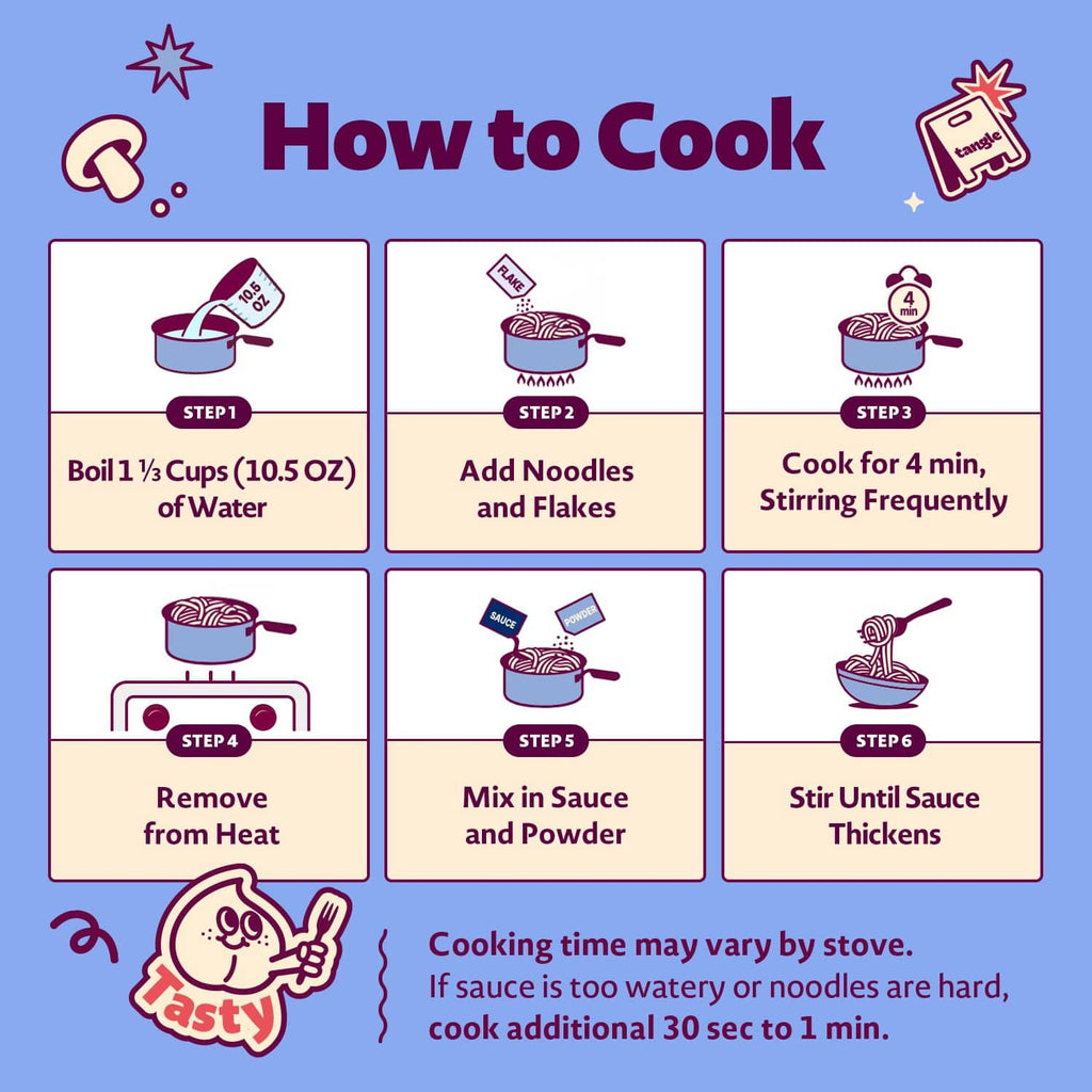 Tangle creamy mushroom pasta how-to-cook chart with boil, add noodles, mix and stir steps