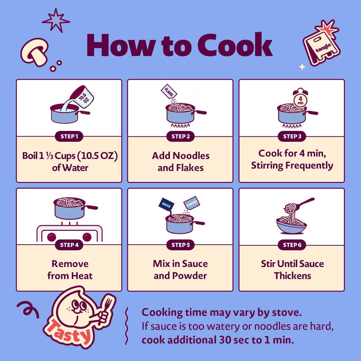 Tangle creamy mushroom pasta how-to-cook chart with boil, add noodles, mix and stir steps