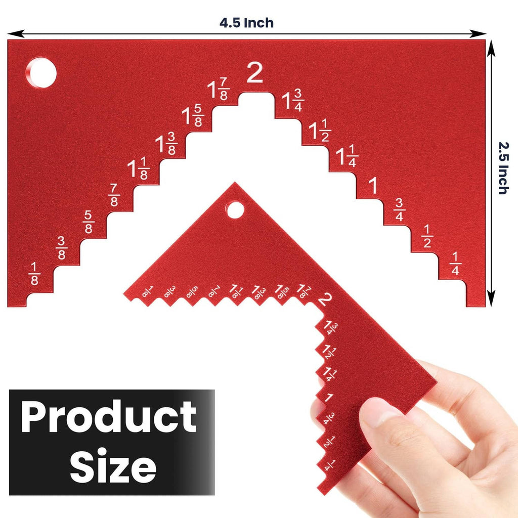 Red aluminum table saw height gauge held in hand with inch measurement notches