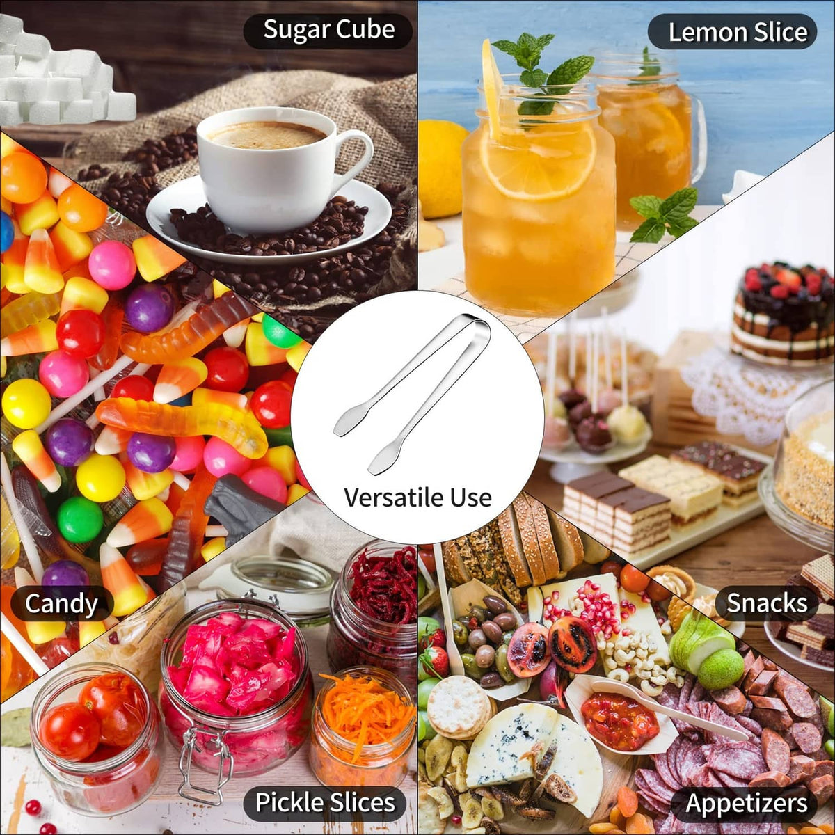 Stainless steel serving tongs with curved tips for serving snacks and appetizers