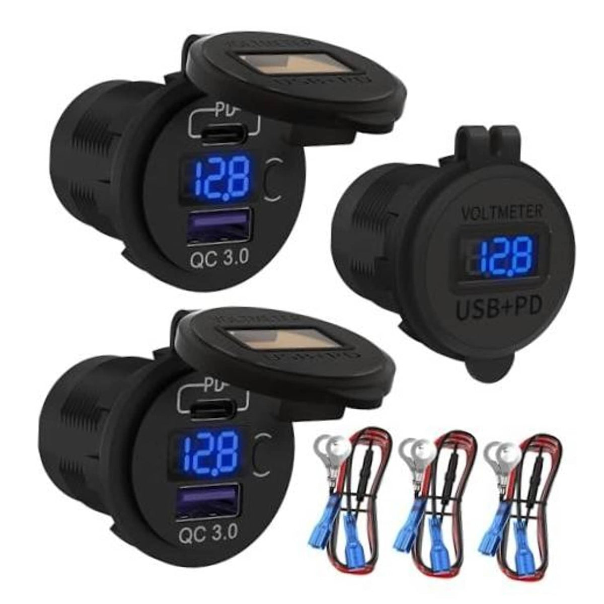 Black 12V car USB-C charger sockets multipack with voltmeter screens and QC 3.0