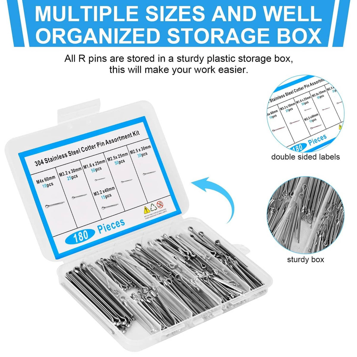 180-piece cotter pin assortment in a clear plastic storage box with label card