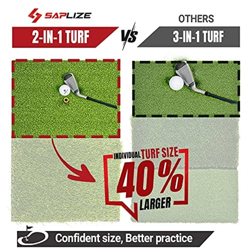 Artificial turf golf practice mat comparison showing larger coverage area