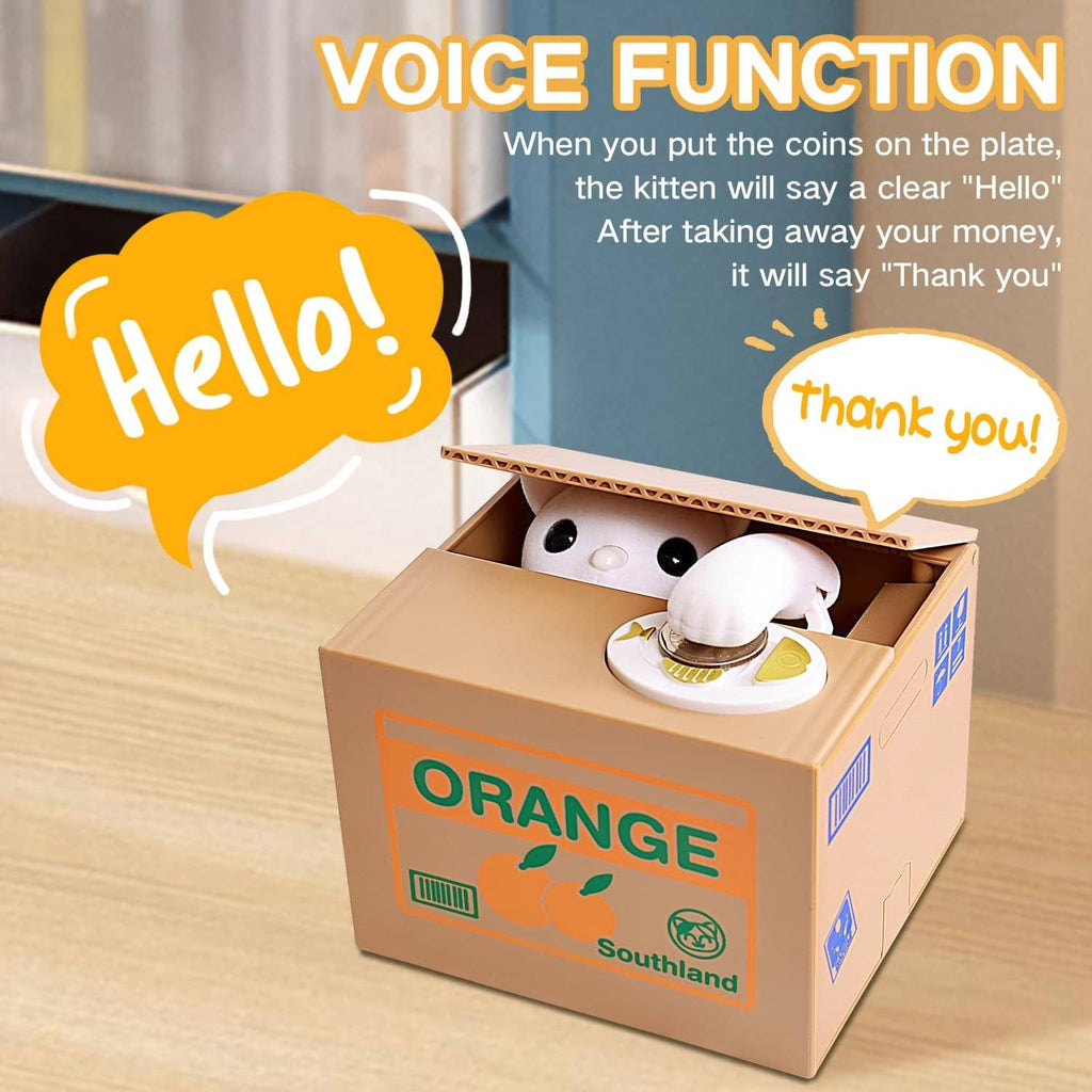 Orange cat coin box piggy bank with white kitten head emerging from open top.