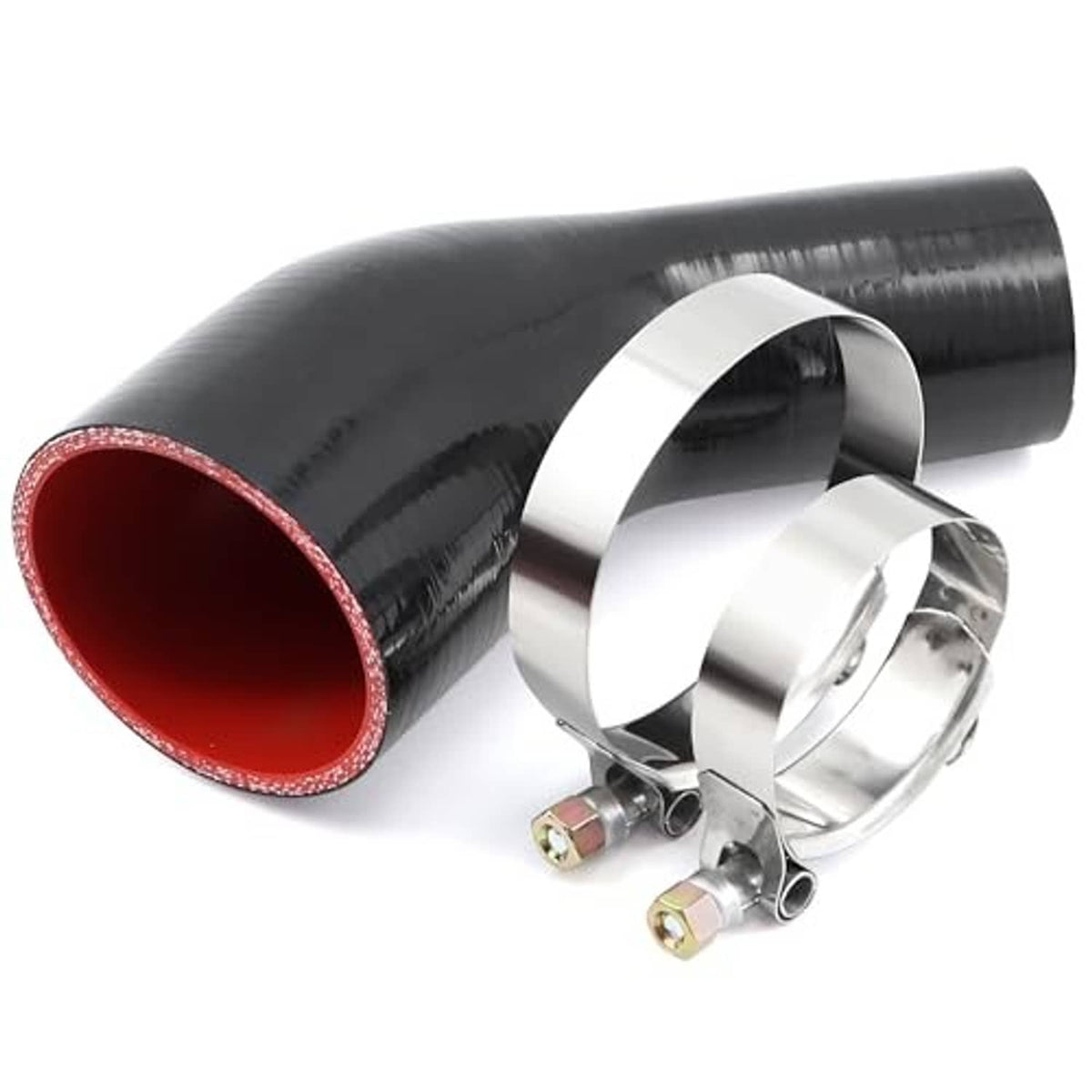 45° silicone hose elbow reducer coupler, black hose with red inner and silver clamp hardware