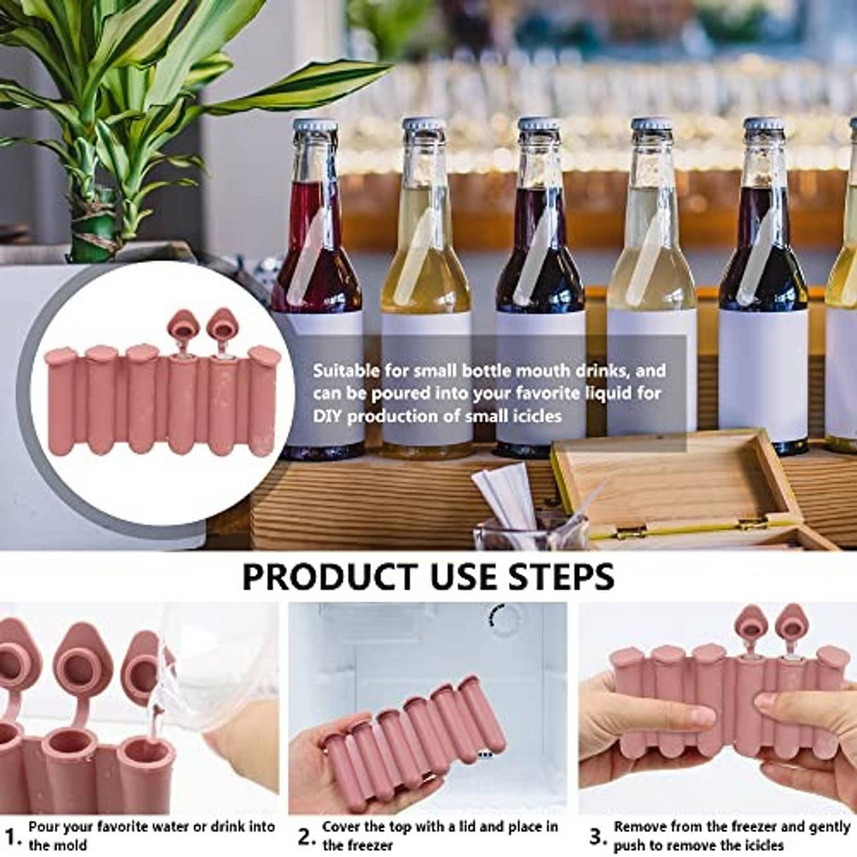 Silicone mini ice stick tray set with lid, pink mold shown near small drink bottles