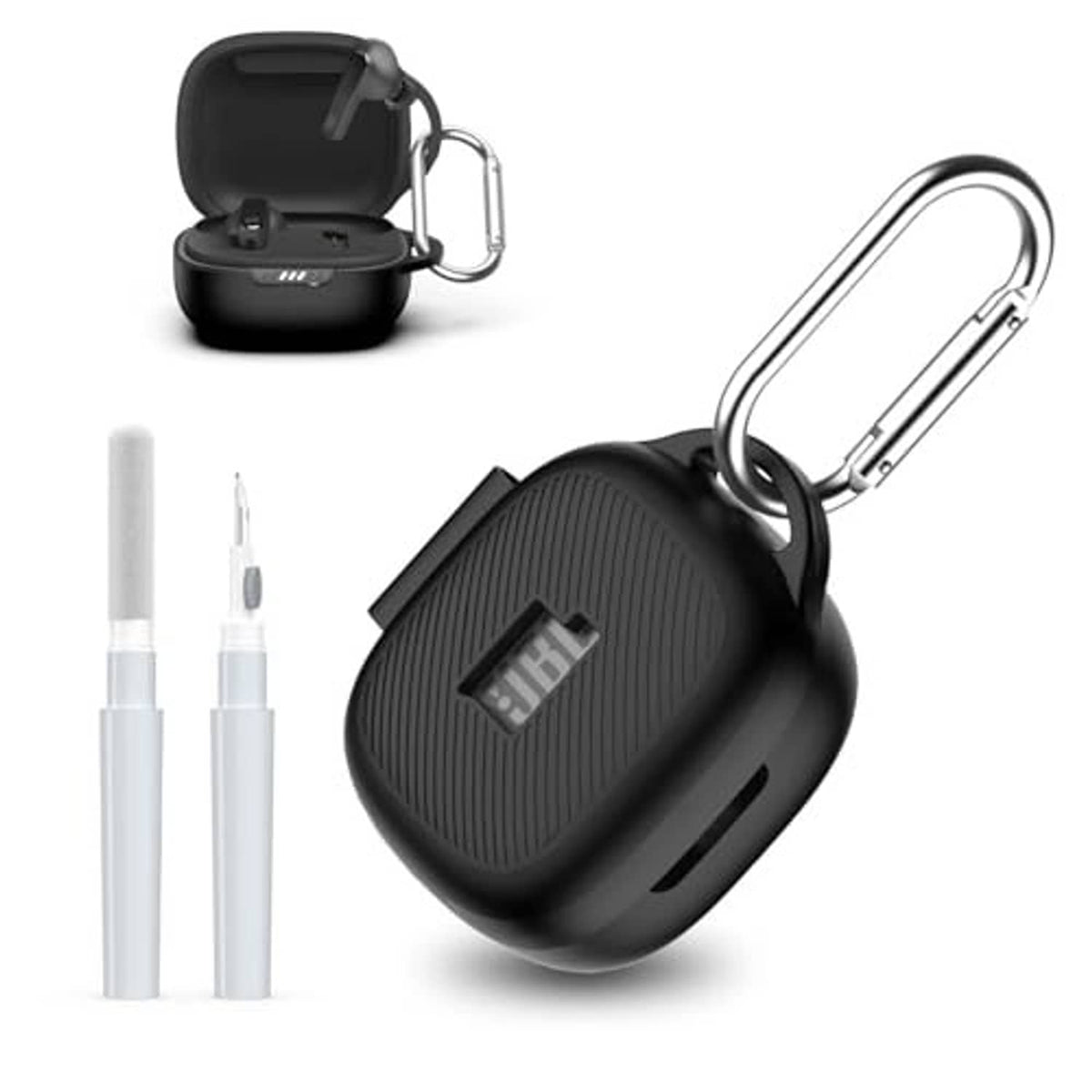 Black JBL Live Pro 2 case cover with carabiner clip; includes two cleaning pen tools.