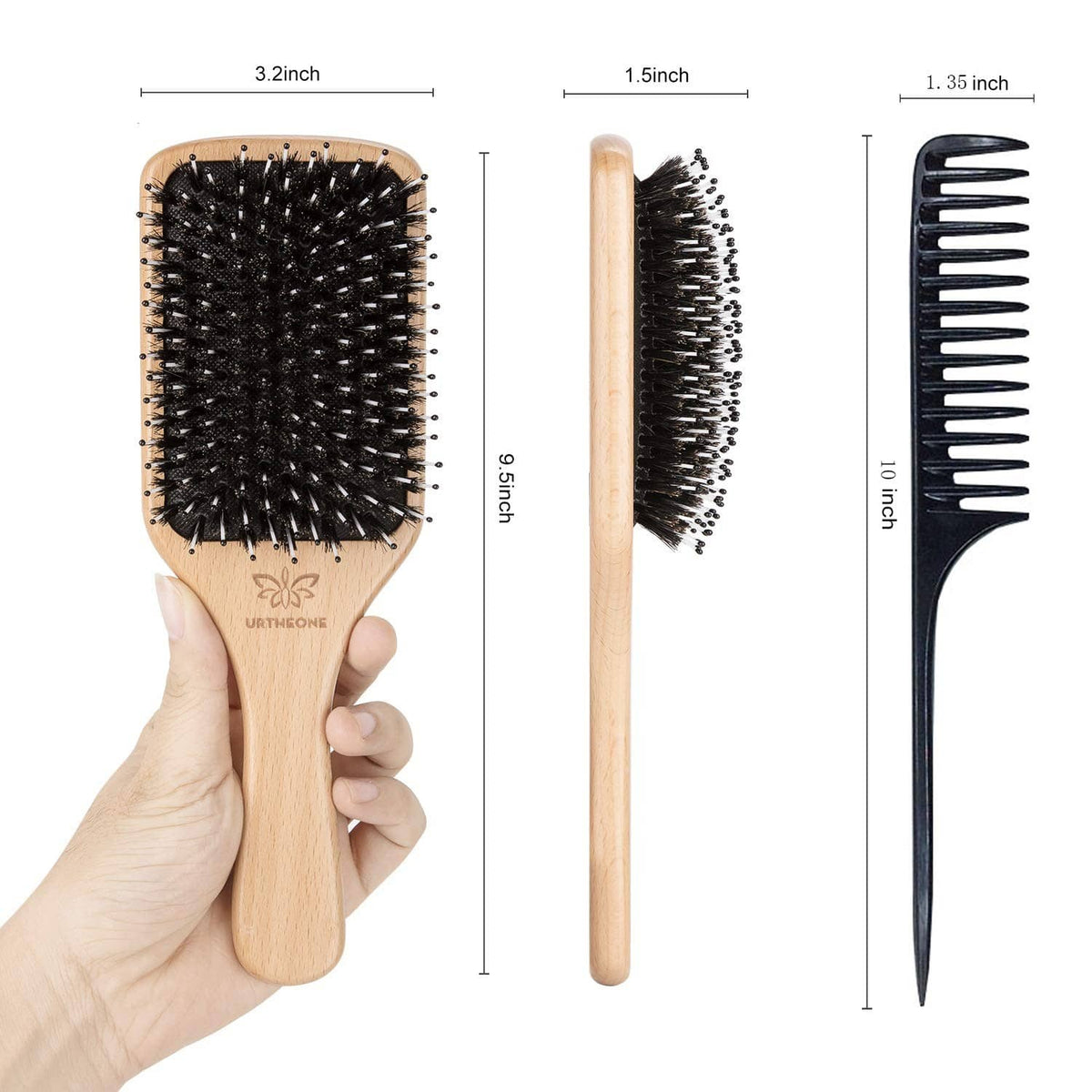 Boar bristle hair brush and wide-tooth comb shown with size measurements