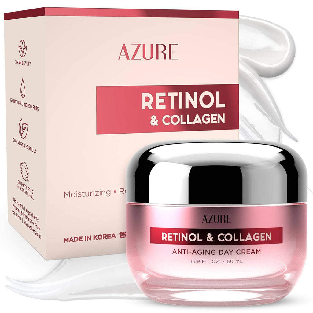 Retinol & collagen anti-aging day cream jar and box, pink container with anti-aging label