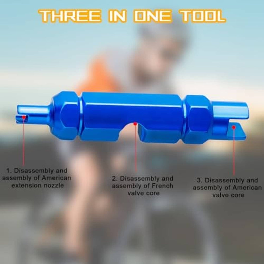Blue valve tool with separate extension pieces for Presta and American valve cores