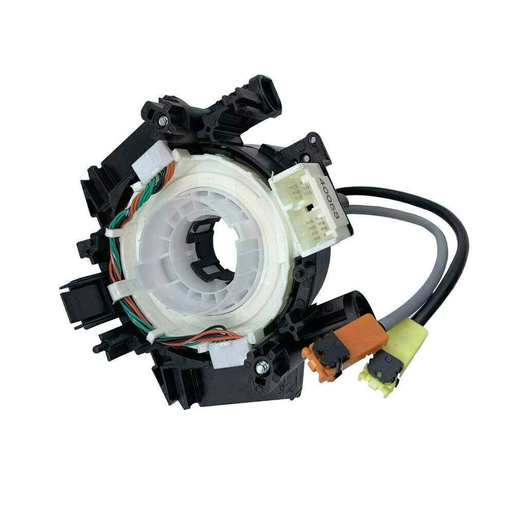 Clock spring spiral cable assembly close 3/4 view with multiple wire colors and connectors