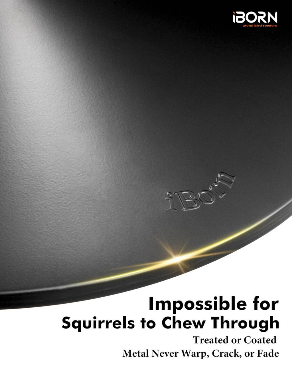 Close-up of black powder-coated metal baffle surface with IBORN logo