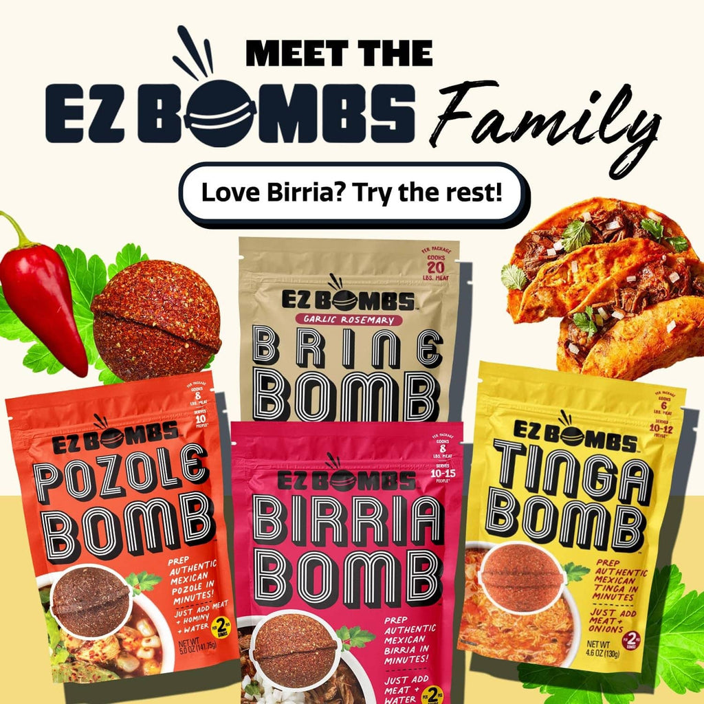 EZ Bombs family lineup: Pozole, Birria, and Tinga Bomb seasoning packs