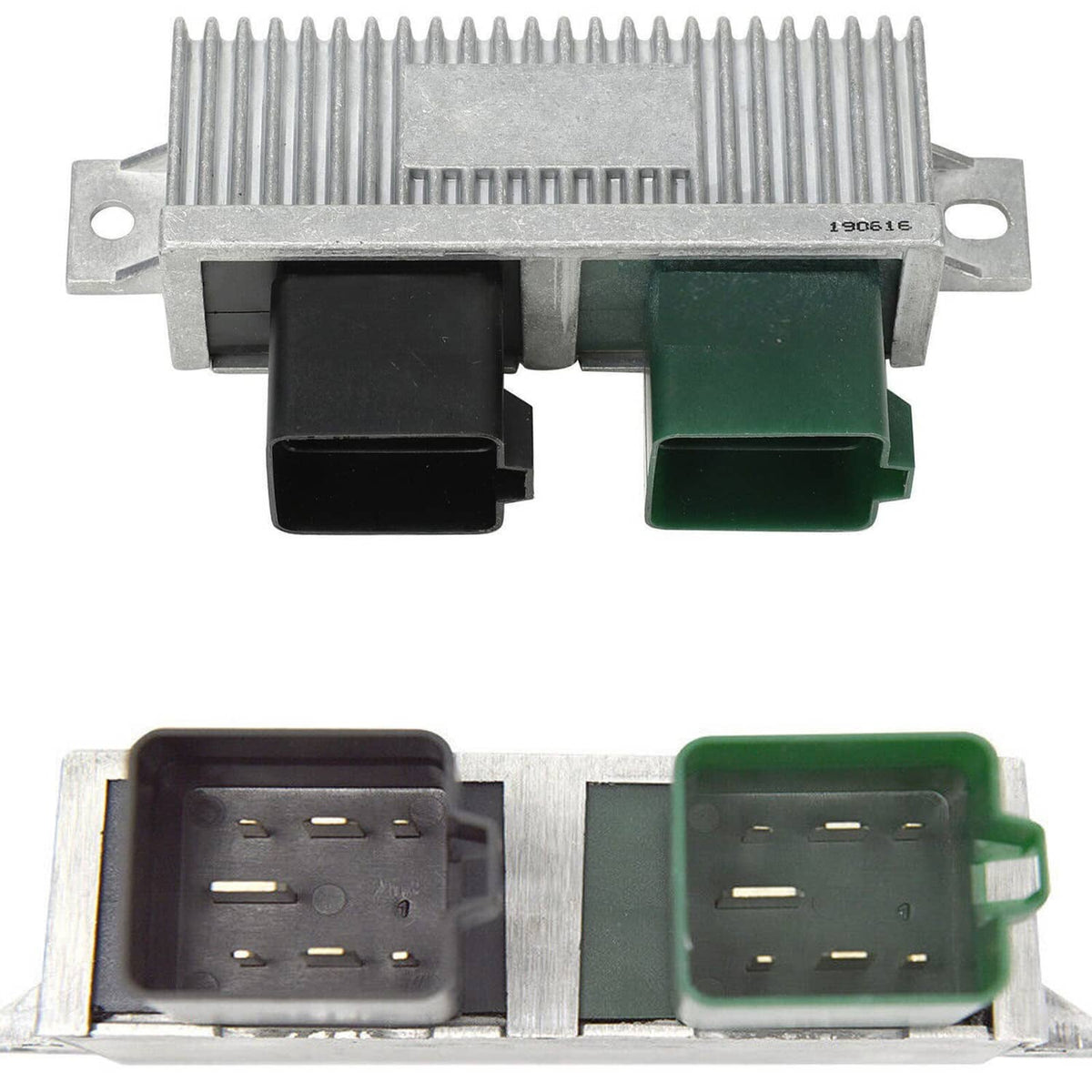 Glow plug control relay module with black and green front connectors and vented metal heat sink
