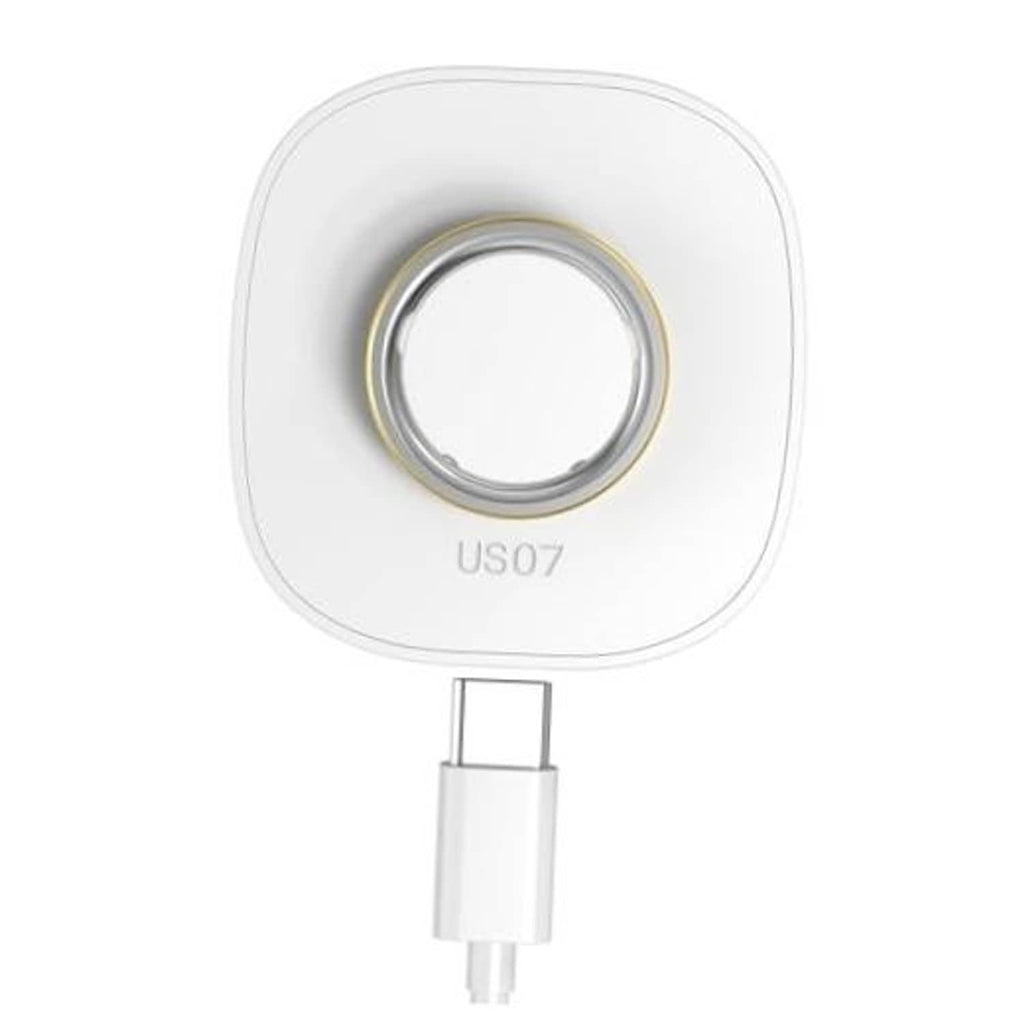 White wireless charging dock with circular ring contact and USB power connector