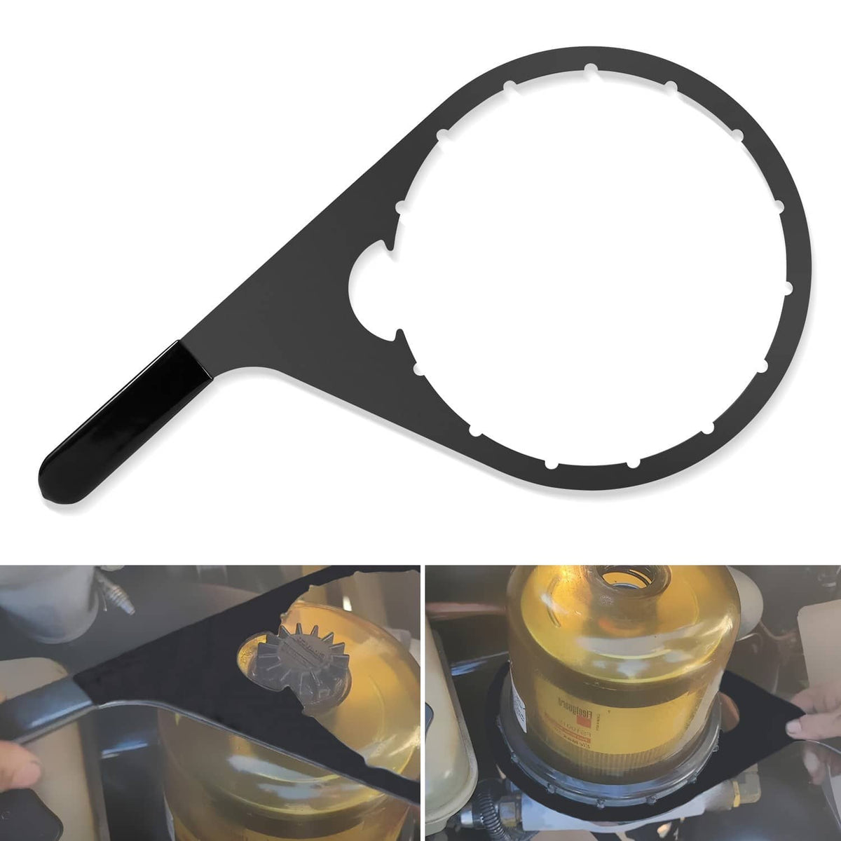 Fuel filter vent cap wrench with black handle and circular collar for 8-inch caps