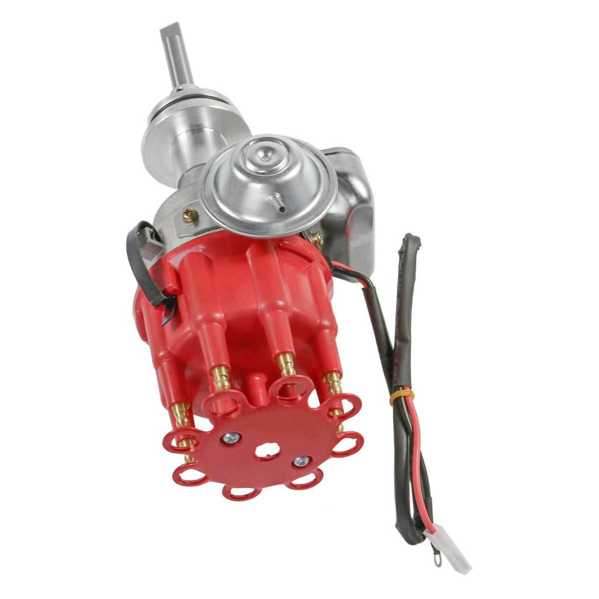 Electronic distributor with red rotor cap, silver top, and wiring harness leads