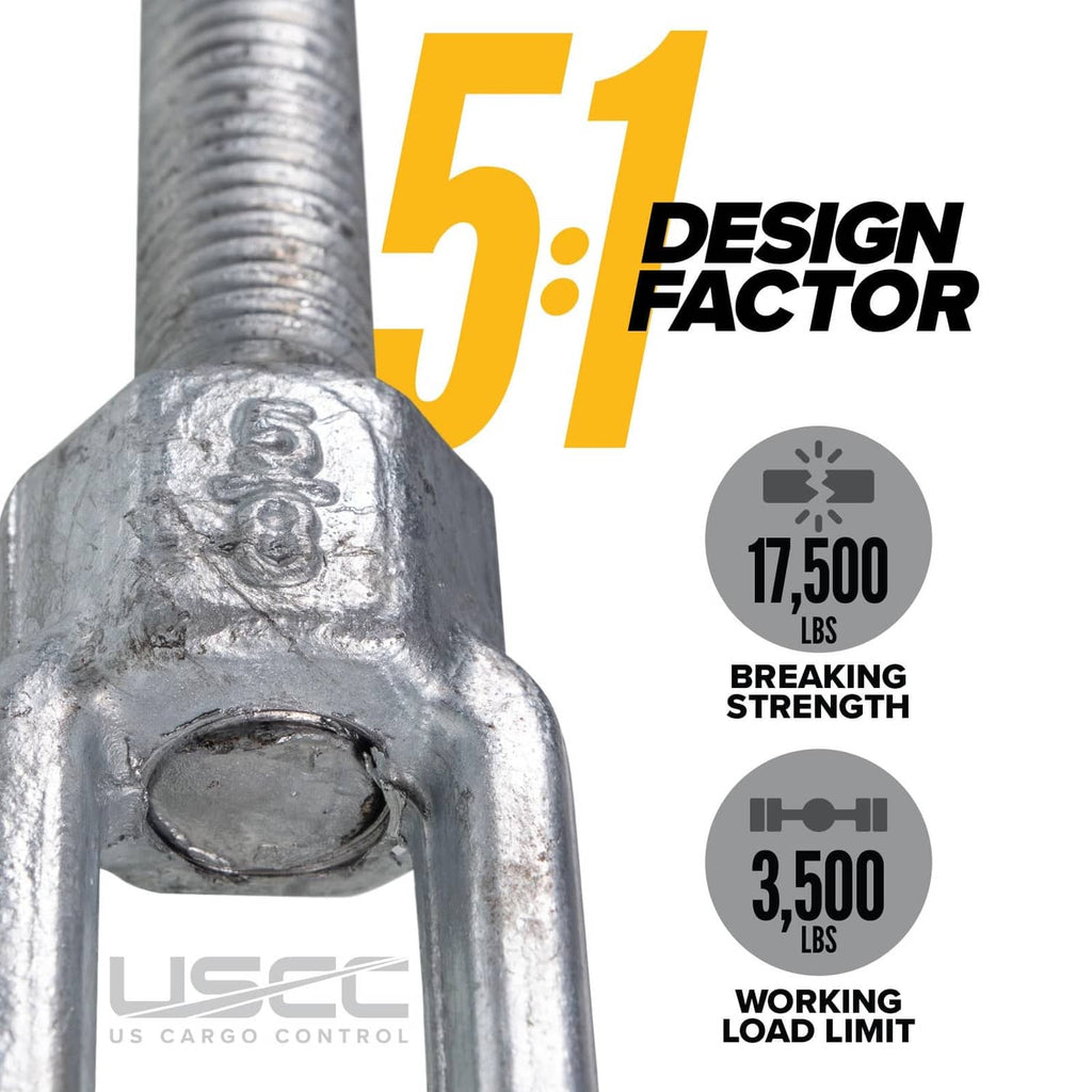 Close-up of galvanized turnbuckle jaw end and threaded stud