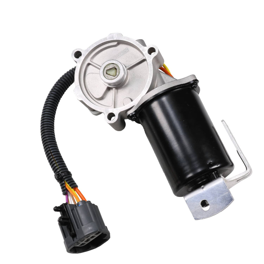 Transfer case shift motor with metal bracket, black housing, and connector wiring