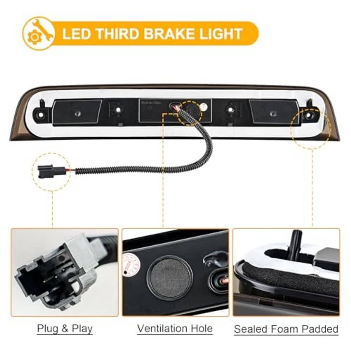 LED third brake light base with wiring harness and sealed foam padded mounting areas.