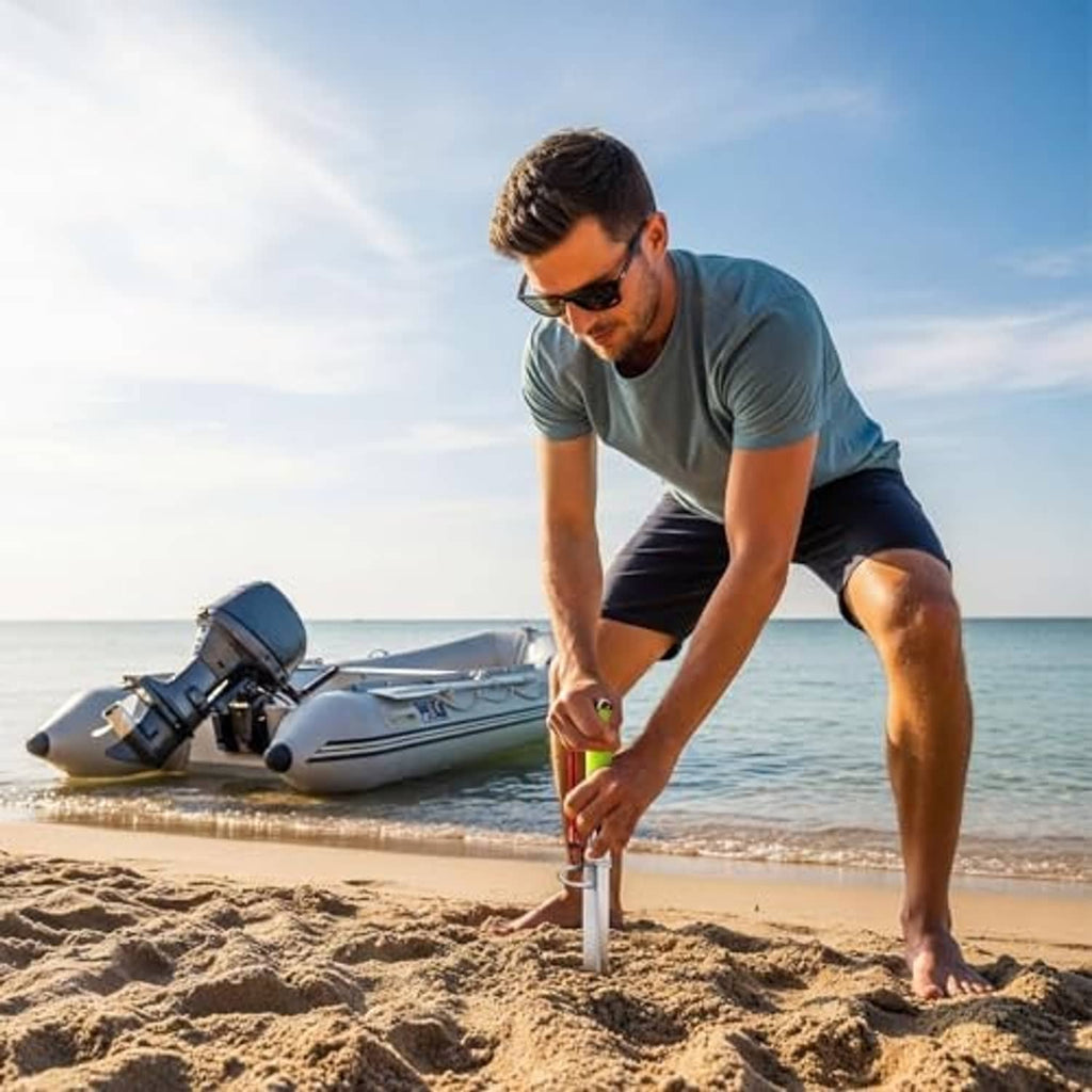 Sand spike boat anchor with neon green handle and silver pole planted in sand.
